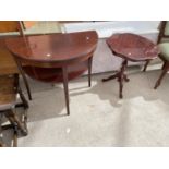 A MAHOGANY DEMI LUNE HALL TABLE AND AN INLAID MAHOGANY OCCASIONAL TABLE