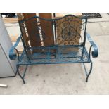 A BLUE PAINTED METAL FOLDING SEAT