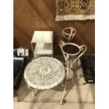 A SMALL METAL GARDEN TABLE, TWO PLANT POT STANDS, A STOOL AND A TILED STAND