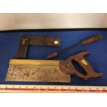THREE VINTAGE TOOLS TO INCLUDE A SAW AND SET SQUARE