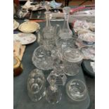 VARIOUS ITEMS OF ORNATE GLASSWARE TO INCLUDE DECANTERS, JARS, FIGURINE, JELLY MOULD ETC