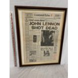 A FRAMED LIVERPOOL ECHO FRONT PAGE 'JOHN LENNON SHOT DEAD' TUESDAY DECEMBER 9, 1980
