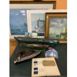 VARIOUS MODEL BOATS, PICTURES, A BRASS PLAQUE, BOOK ETC