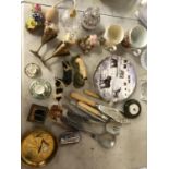 A MIXED LOT TO INCLUDE DECANTERS, BRASS CUPS, EPNS FLATWARE, HORSE PLATE ETC