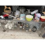 A LARGE QUANTITY OF STAINLESS STEEL AND OTHER KITCHEN ACCESSORIES