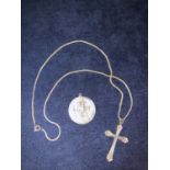 SILVER HALLMARKED LARGE ST CHRISTOPHER PENDANT TOGETHER WITH A CROSS AND CHAIN. TOTAL GROSS WEIGHT