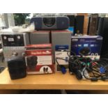 A MIXED QUANTITY TO INCLUDE A SONY MICRO HI-FI SYSTEM IN WORKING ORDER WITH SPEAKERS, 8 PORT VIDEO