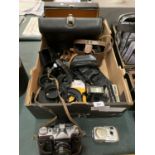 A COLLECTION OF CAMERAS AND ACCESSORIES TO INCLUDE OLYMPUS, MINORTA AND ZENIT AND A PAIR OF