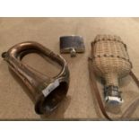 A COPPER AND BRASS HUNTING HORN AND TWO HIP FLASKS