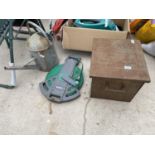 A TIN COAL BOX, A GALVANISED WATERING CAN AND A HOSE ON REEL