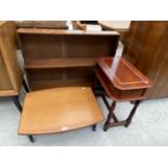 A TEAK COFFEE TABLE, MAHOGANY SIDE TABLE AND AN OAK BOOKCASE
