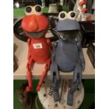 TWO HAND CARVED VINTAGE STYLE NOVELTY WOODEN COOKIE SESAME ST BLUE AND ELMO SHELF PUPPETS 40CM