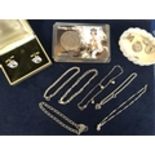 MIXED SILVER JEWELLERY LOT TO INCLUDE BRACELETS, PENDANTS, COMMEMORATIVE QUEENS CORONATION COIN,