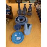 A COLLECTION OF BLUE POTTERY TO INCLUDE JASPER WARE, CLARICE CLIFF ETC