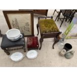 VARIOUS ITEMS - THREE STOOLS, CERAMICS, TAPESTRY ETC