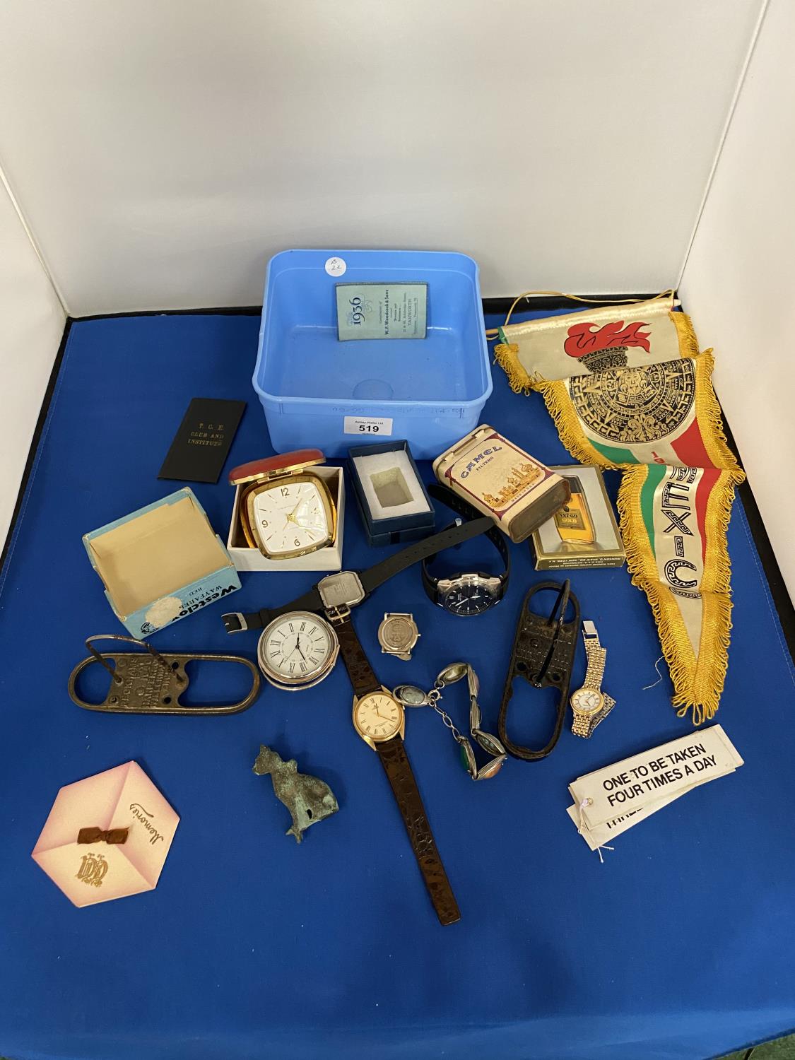COLLECTORS LOT TO INCLUDE LADIES AND GENTS QUARTZ WATCHES, BOXED TRAVEL CLOCK, CAMEL FILTERS TIN ETC