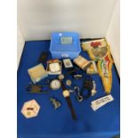 COLLECTORS LOT TO INCLUDE LADIES AND GENTS QUARTZ WATCHES, BOXED TRAVEL CLOCK, CAMEL FILTERS TIN ETC