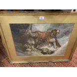 A GILT FRAMED PRINT DOGS OF ST BERNARD BY GEORGE BAXTER - 40 CM X 29 CM