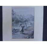 A MONOCHROME PICTURE OF GIRLS WITH WASHING BASKETS NEAR A RIVER - INITIALS A H M - 25 CM X 18 CM AND