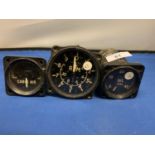 THREE AERONAUTICAL GAUGES - A VINTAGE REV COUNTER GAUGE, SMITHS OIL PSI GAUGE AND A CABIN AIR GAUGE