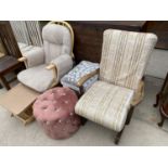 TWO ROCKING CHAIRS AND THREE FOOTSTOOLS