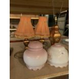 THREE TABLE LAMPS AND TWO GLASS SHADES