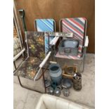 VARIOUS GARDEN ITEMS - GALVANISED PLANTERS, AND CHURN PLANTER, THREE CHAIRS, RAKES, FORK ETC