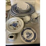 A COLLECTION OF BLUE AND WHITE WARE TO INCLUDE MEAT PLATTERS, PLATES, CUPS ETC