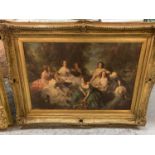 A LARGE HEAVY GILT FRAMED PRINT OF LADIES IN A FOREST