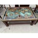 A RETRO MAP TOPPED COFFEE TABLE
