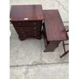 A SMALL MAHOGANY CHEST OF FOUR DRAWERS AND AN INLAID MAHOGANY MAGAZINE RACK TABLE