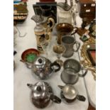 VARIOUS PEWTER, EPNS AND LIDDED JUGS ETC