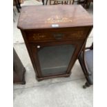 A SMALL VICTORIAN INLAID MAHOGANY CABINET WITH GLAZED DOOR AND ONE DRAWER