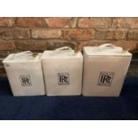 A SET OF THREE VINTAGE STYLE REPRODUCTION METAL ROLLS ROYCE WHITE MOTOR OIL PETROL CANS LARGEST 40CM