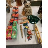 VARIOUS ITEMS TO INCLUDE WOODEN PUPPETS, SKIPPING ROPE, CUB HAT, TEDDY BEARS AND BOXED CARS ETC