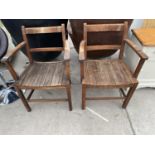 TWO OAK ARMCHAIRS WITH SLATTED SEATS