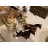 A BULL FINCH, GOLFD FINCH AND TWO SHIRE HORSE CERAMIC MODELS