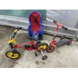 A CHILD'S HERO BICYCLE, SCOOTER AND INFANT'S BICYCLE SEAT