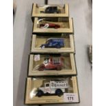 FIVE LLEDO BOXED VINTAGE VEHICLE MODELS TO INCLUDE A FIRE ENGINE, NIVEA CREME VAN, DUNLOP ETC