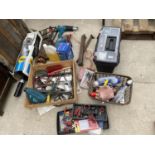 A LARGE QUANTITY OF WORKSHOP TOOLS AND HARDWARE - DRILL, HEAT GUN ETC
