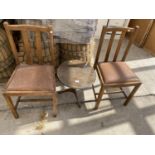 AN OAK WINE TABLE AND TWO MAHOGANY DINING CHAIRS