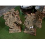 PAIR OF DECORATIVE ANTIQUE STYLE HEAVY STONE HORSE HEAD BUSTS MODELS 38CM