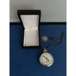 SMITHS EMPIRE CHROME POCKET WATCH WITH BASE METAL CHAIN WITH SILVER ST CHRISTOPHER ATTACHED