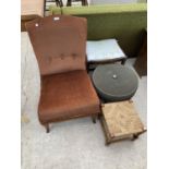 A RETRO LOUNGE CHAIR AND THREE FOOT STOOLS