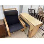 A BEECH ARMCHAIR, MODERN DROP LEAF DINING TABLE AND A RECTANGULAR MIRROR