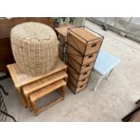 FOUR WICKER ITEMS - A NEST OF TABLES, LAUNDRY BASKET, A SET OF BASKET DRAWERS, A STAND AND TWO