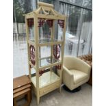 AN ORIENTAL STYLE BEECH THREE TIER DISPLAY STAND WITH PAGODA TOP AND LOWER DRAWER