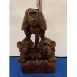 A LARGE WOODEN MONKEY CARVING ' SEE NO EVIL, SPEAK NO EVIL, HEAR NO EVIL'