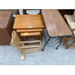 A PINE MAGAZINE RACK, TEAK NEST OF TABLES AND A FORMICA SIDE TABLE