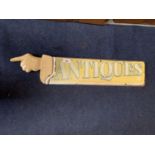 LARGE WOODEN VINTAGE STYLE 'ANTIQUES' POINTING ARM SIGN 75CM LONG